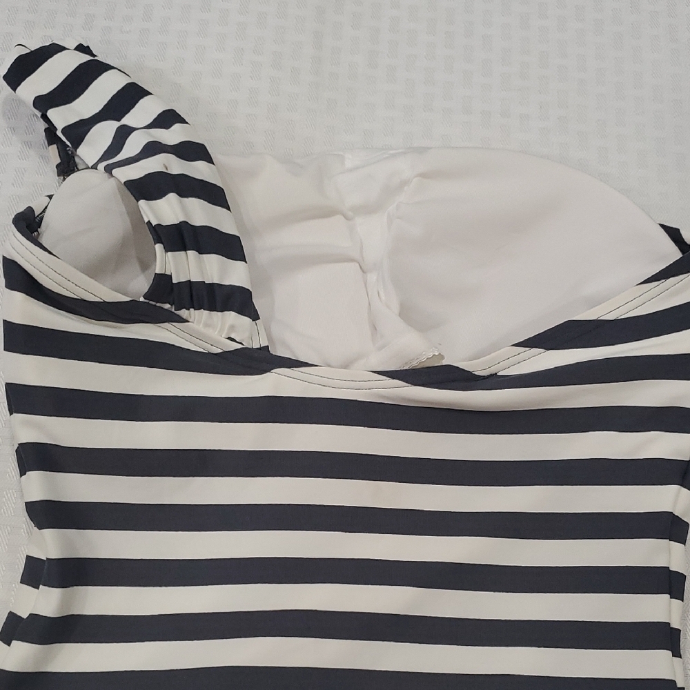 MICHAEL Michael Kors Black and White Striped One-Shoulder Swimsuit - Picture 6 of 9